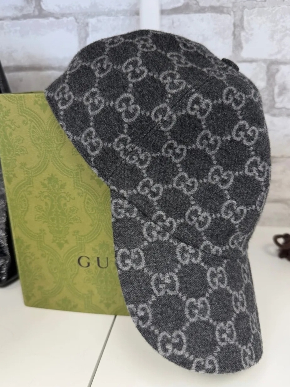 Gucci Charcoal GG Wool Logo Baseball Cap